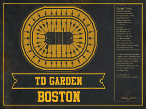 14" x 11" / Unframed Cutler West Boston Bruins Team Colors - TD Garden Vintage Hockey Blueprint NHL Print