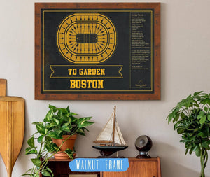 20" x 16" / Walnut Frame Cutler West Boston Bruins Team Colors - TD Garden Vintage Hockey Blueprint NHL Print