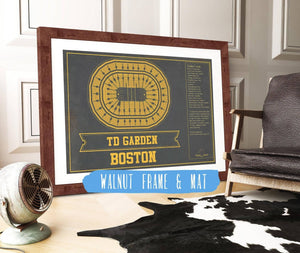 20" x 16" / Walnut Frame & Mat Cutler West Boston Bruins Team Colors - TD Garden Vintage Hockey Blueprint NHL Print