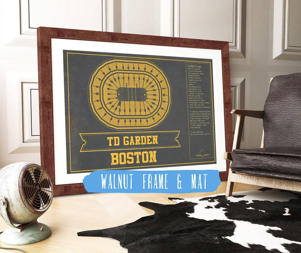 20" x 16" / Walnut Frame & Mat Cutler West Boston Bruins Team Colors - TD Garden Vintage Hockey Blueprint NHL Print