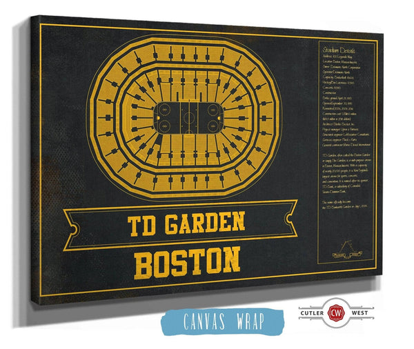 36" x 24" / 3 Panel Canvas Wrap Cutler West Boston Bruins Team Colors - TD Garden Vintage Hockey Blueprint NHL Print
