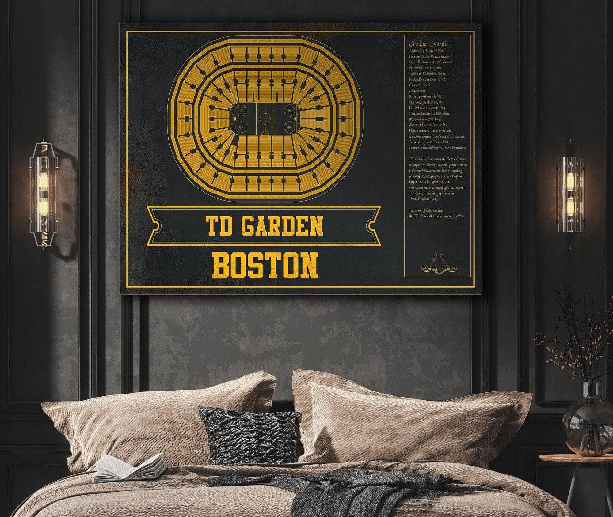 Cutler West Boston Bruins Team Colors - TD Garden Vintage Hockey Blueprint NHL Print