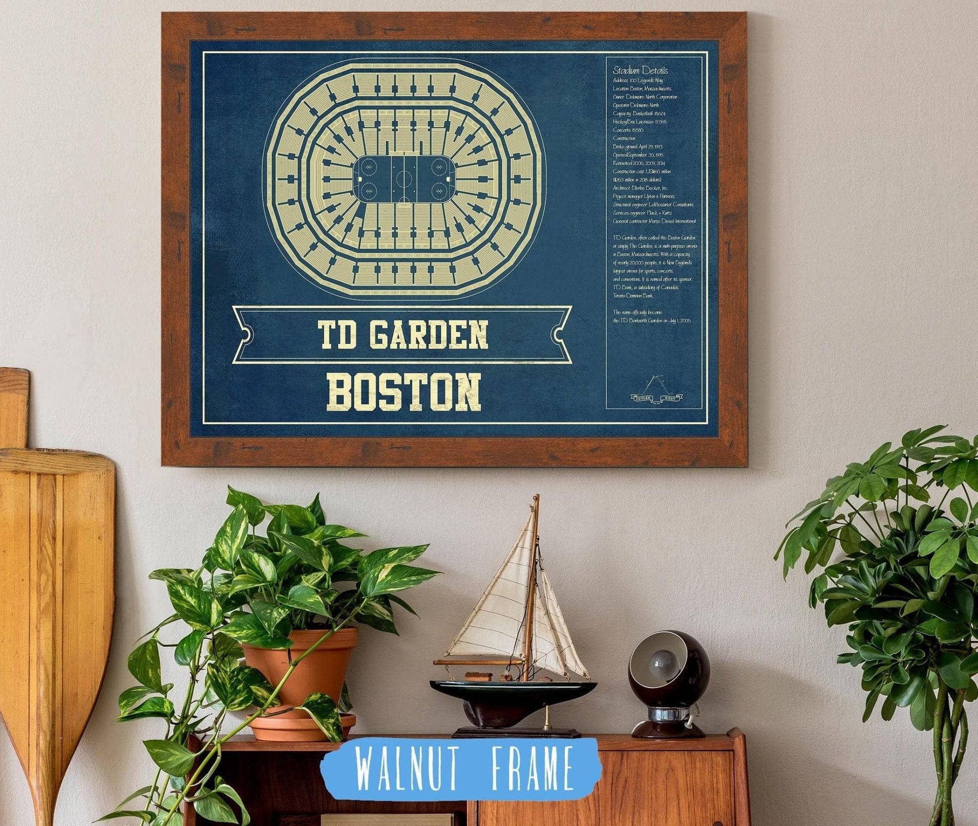 Cutler West 14" x 11" / Walnut Frame Boston Bruins - TD Garden Vintage Hockey Blueprint NHL Print 933350183_78480
