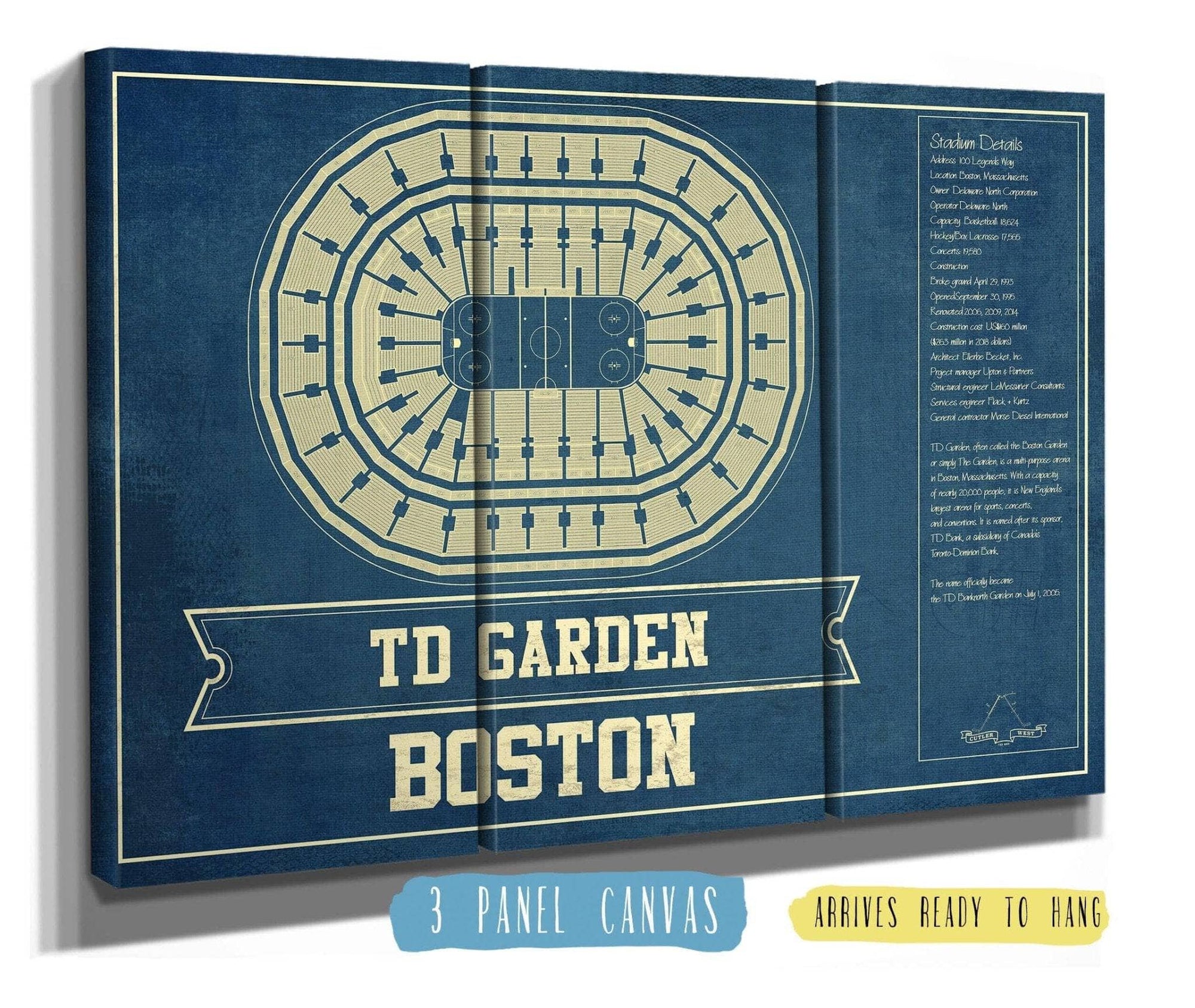 Cutler West 48" x 32" / 3 Panel Canvas Wrap Boston Bruins - TD Garden Vintage Hockey Blueprint NHL Print 933350183_78527
