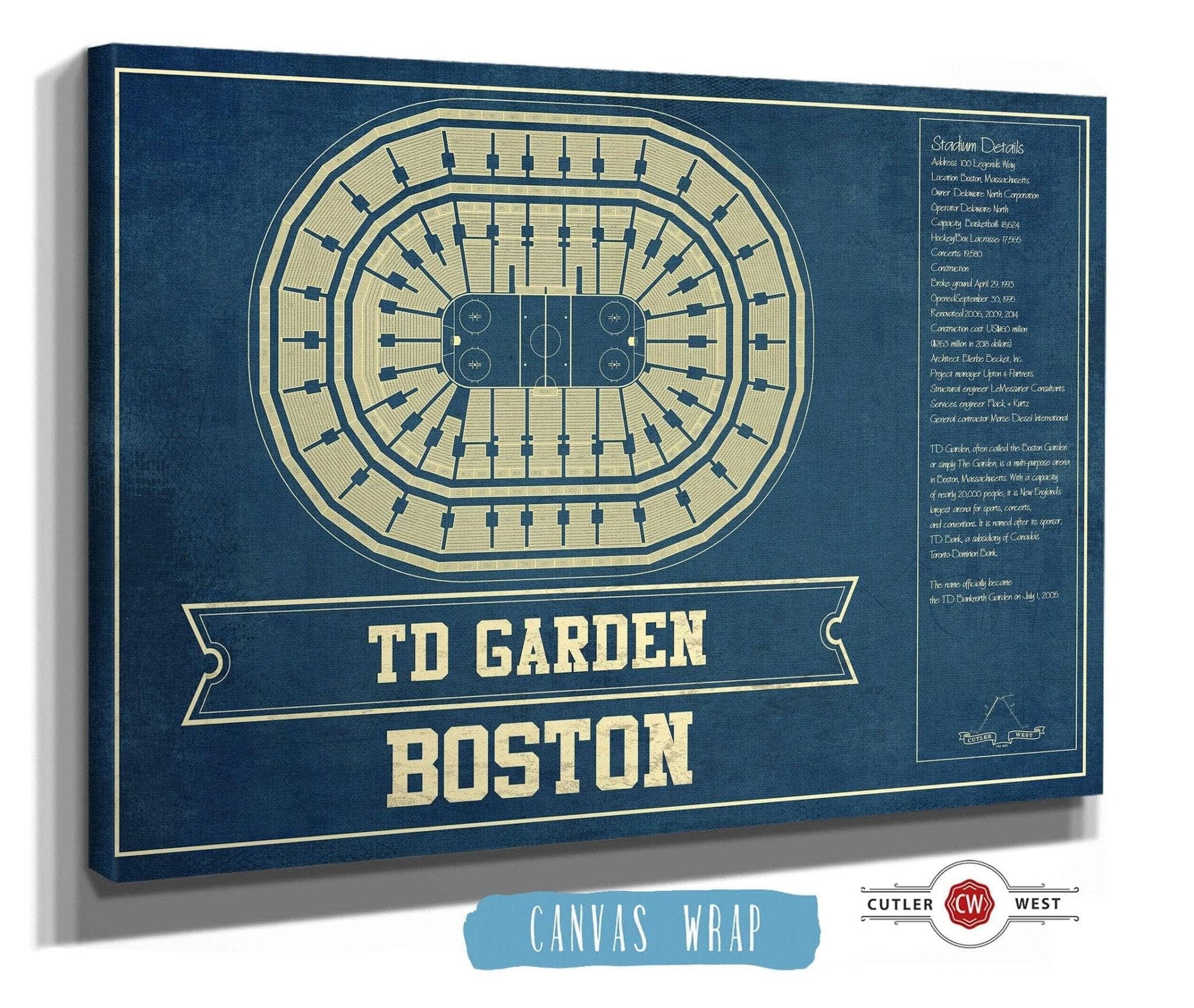 Cutler West 14" x 11" / Stretched Canvas Wrap Boston Bruins - TD Garden Vintage Hockey Blueprint NHL Print 933350183_78482