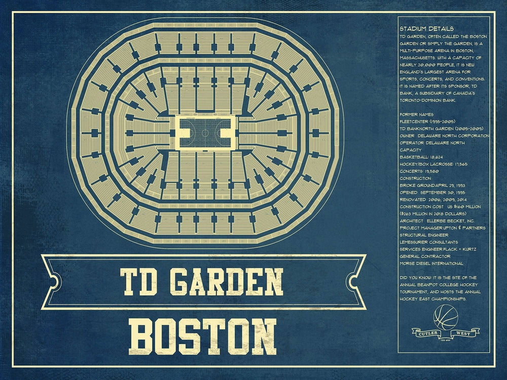 14" x 11" / Stretched Canvas Wrap Cutler West Boston Celtics - TD Garden Vintage Basketball Blueprint NBA Print
