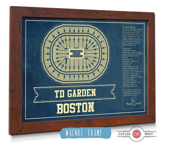 20" x 16" / Walnut Frame Cutler West Boston Celtics - TD Garden Vintage Basketball Blueprint NBA Print