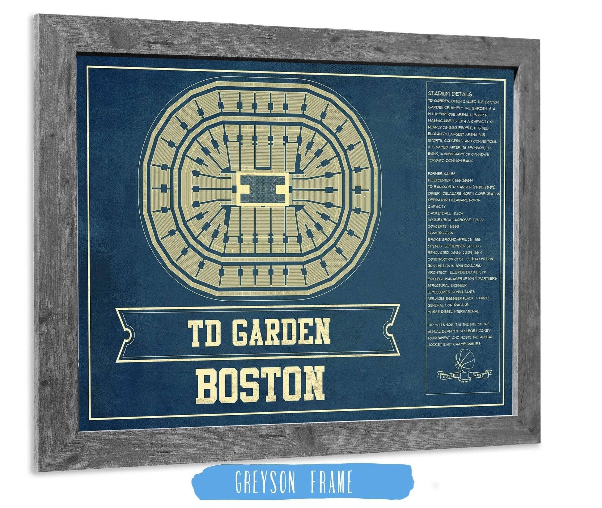 Cutler West Basketball Collection 14" x 11" / Greyson Frame Boston Celtics - TD Garden Vintage Basketball Blueprint NBA Print 660986338_75844