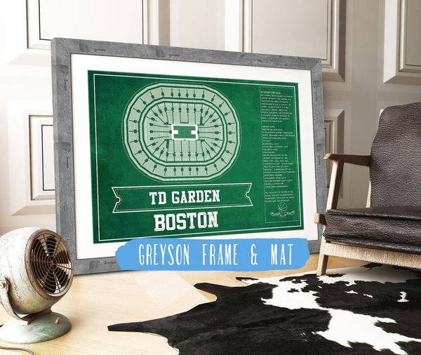 14" x 11" / Greyson Frame Mat Cutler West Boston Celtics - TD Garden Vintage Basketball Blueprint NBA Team Print