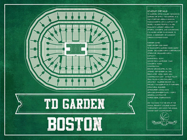 14" x 11" / Unframed Cutler West Boston Celtics - TD Garden Vintage Basketball Blueprint NBA Team Print