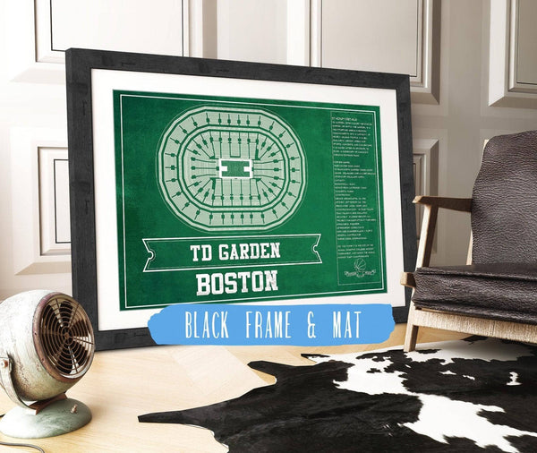 14" x 11" / Walnut Frame Mat Cutler West Boston Celtics - TD Garden Vintage Basketball Blueprint NBA Team Print