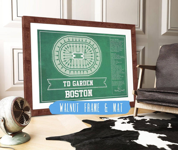 20" x 16" / Walnut Frame Cutler West Boston Celtics - TD Garden Vintage Basketball Blueprint NBA Team Print