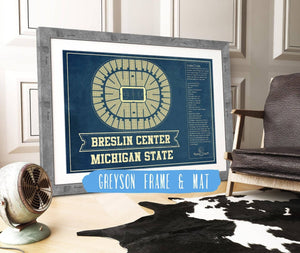 14" x 11" / Greyson Frame & Mat Cutler West Breslin Student Events Center - Michigan State Spartans NCAA College Basketball Blueprint Art