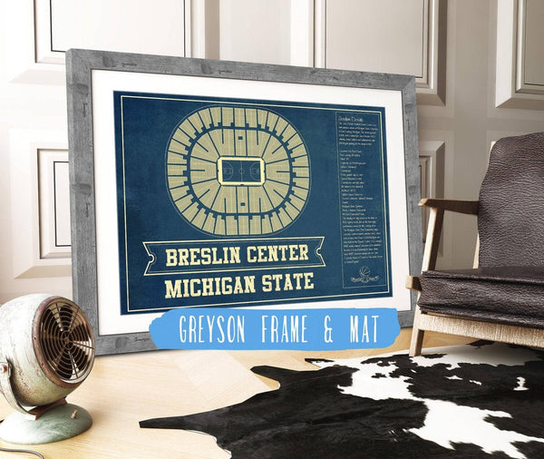 14" x 11" / Greyson Frame & Mat Cutler West Breslin Student Events Center - Michigan State Spartans NCAA College Basketball Blueprint Art