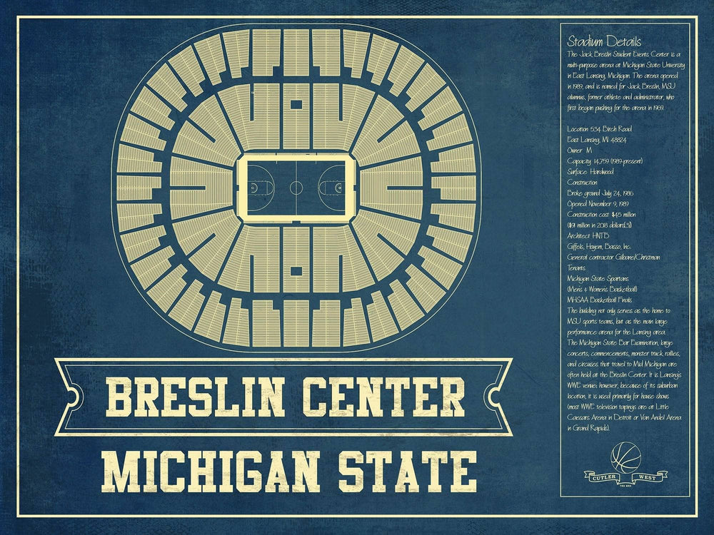 14" x 11" / Stretched Canvas Wrap Cutler West Breslin Student Events Center - Michigan State Spartans NCAA College Basketball Blueprint Art