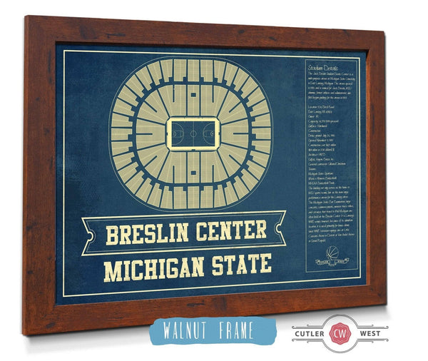 20" x 16" / Walnut Frame Cutler West Breslin Student Events Center - Michigan State Spartans NCAA College Basketball Blueprint Art