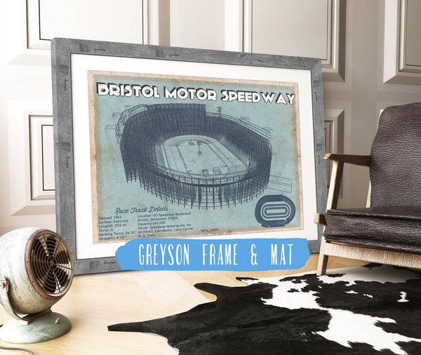 14" x 11" / Greyson Frame & Mat Cutler West Bristol Speedway Blueprint NASCAR Race Track Print