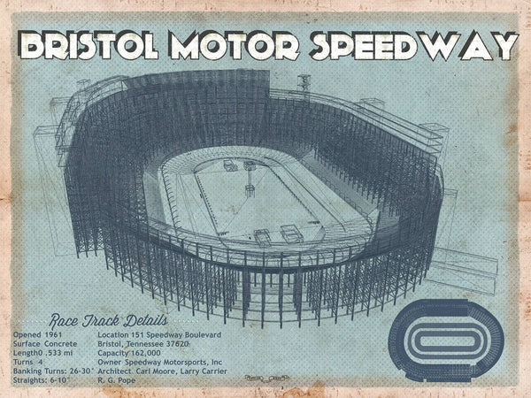 14" x 11" / Unframed Cutler West Bristol Speedway Blueprint NASCAR Race Track Print