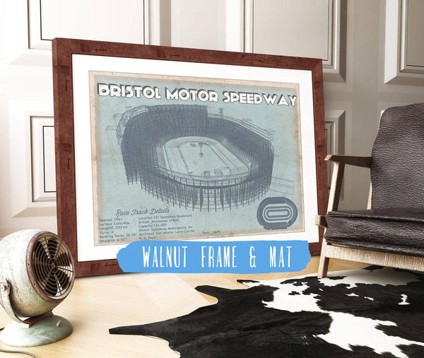 20" x 16" / Walnut Frame & Mat Cutler West Bristol Speedway Blueprint NASCAR Race Track Print
