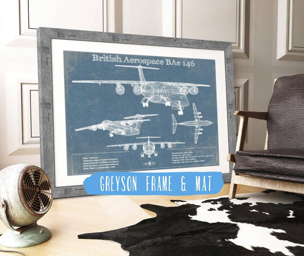 14" x 11" / Greyson Frame & Mat Cutler West British Aerospace BAe 146 / Avro RJ Vintage Aviation Blueprint Print