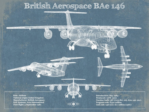 14" x 11" / Unframed Cutler West British Aerospace BAe 146 / Avro RJ Vintage Aviation Blueprint Print
