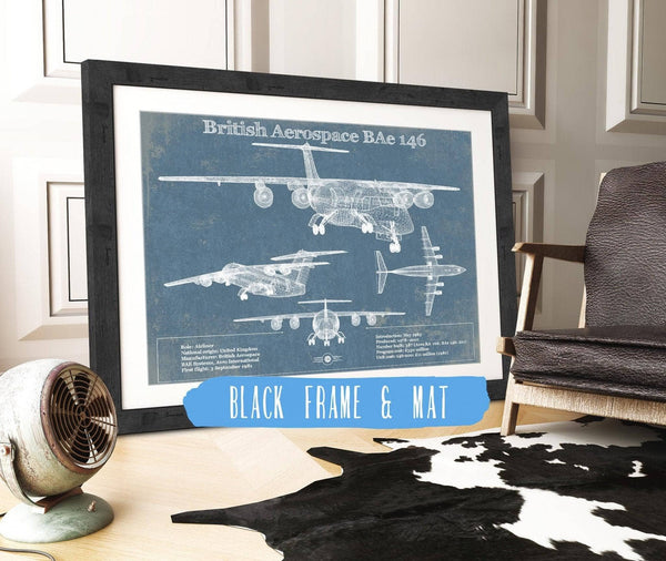 20" x 16" / Black Frame & Mat Cutler West British Aerospace BAe 146 / Avro RJ Vintage Aviation Blueprint Print