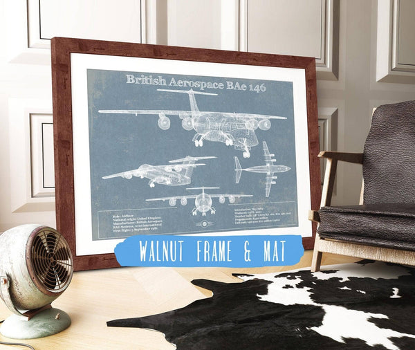 20" x 16" / Walnut Frame & Mat Cutler West British Aerospace BAe 146 / Avro RJ Vintage Aviation Blueprint Print