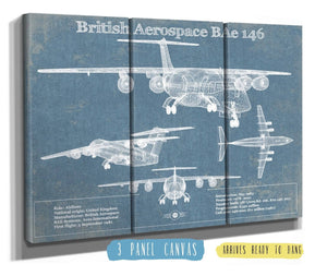36" x 24" / 3 Panel Canvas Wrap Cutler West British Aerospace BAe 146 / Avro RJ Vintage Aviation Blueprint Print