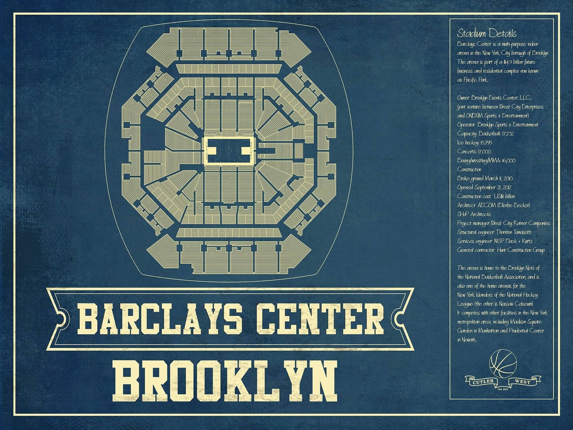 Cutler West Basketball Collection 14" x 11" / Unframed Brooklyn Nets Barclays Center Vintage Basketball Blueprint NBA Print 933350158_75903