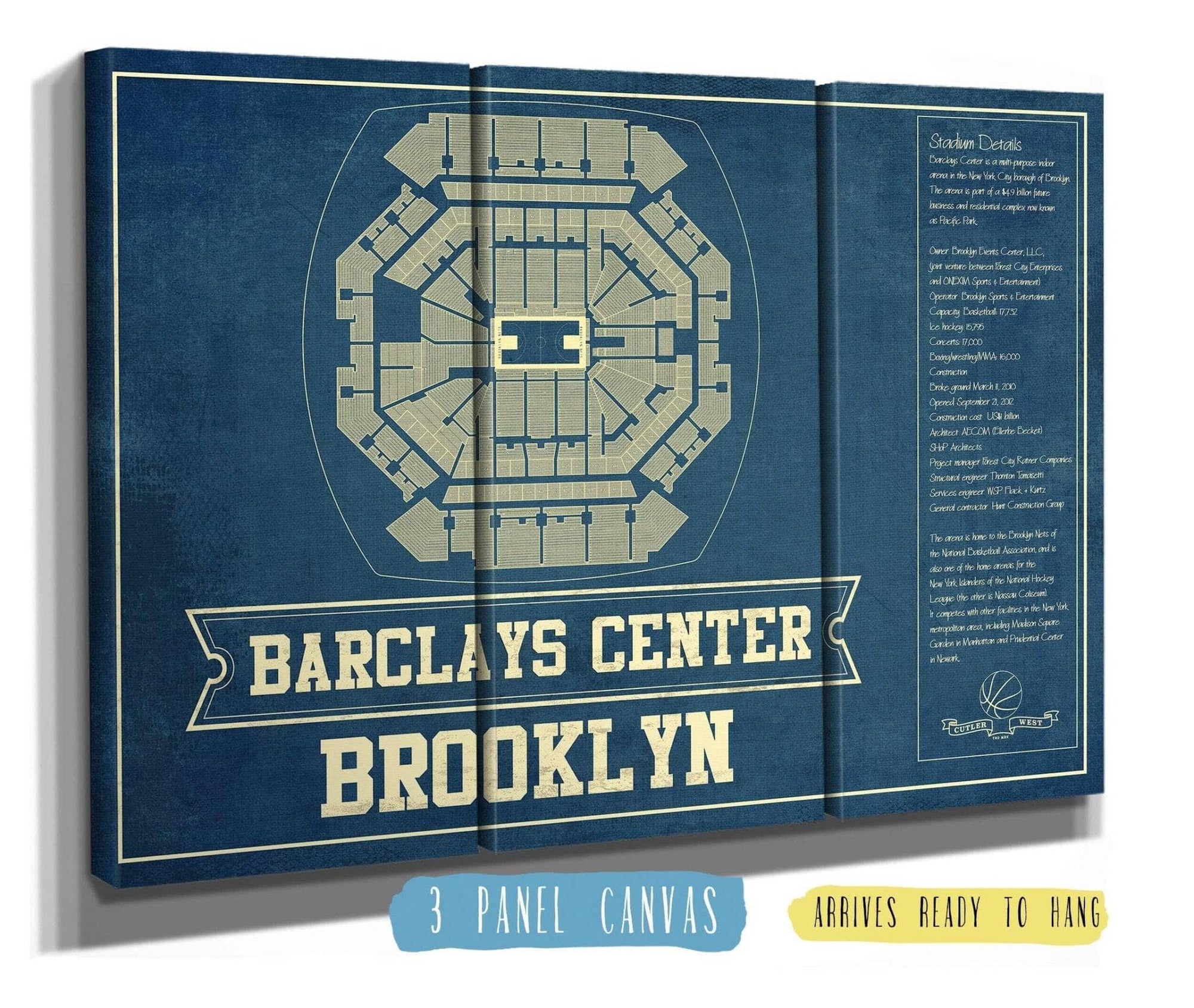 Cutler West Basketball Collection 48" x 32" / 3 Panel Canvas Wrap Brooklyn Nets Barclays Center Vintage Basketball Blueprint NBA Print 933350158_75953