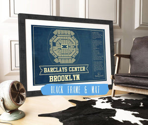 14" x 11" / Black Frame Mat Cutler West Brooklyn Nets Barclays Center Vintage Basketball Blueprint NBA Print