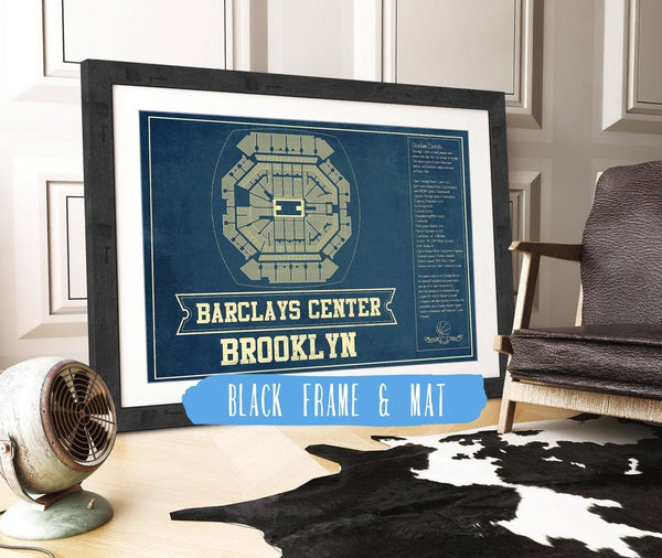 14" x 11" / Black Frame Mat Cutler West Brooklyn Nets Barclays Center Vintage Basketball Blueprint NBA Print