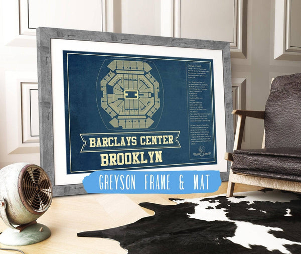 14" x 11" / Greyson Frame Mat Cutler West Brooklyn Nets Barclays Center Vintage Basketball Blueprint NBA Print