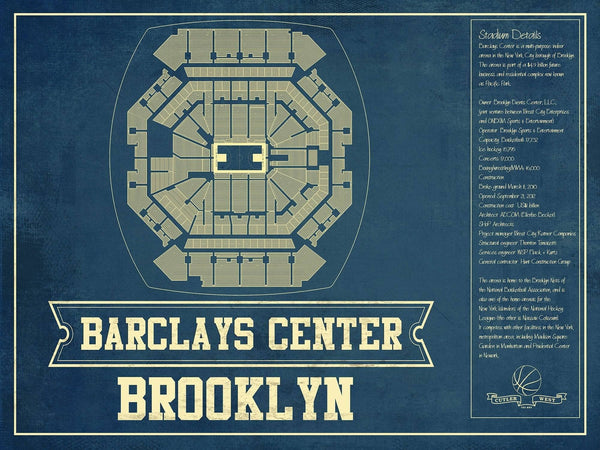 14" x 11" / Unframed Cutler West Brooklyn Nets Barclays Center Vintage Basketball Blueprint NBA Print