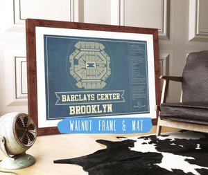 14" x 11" / Walnut Frame Mat Cutler West Brooklyn Nets Barclays Center Vintage Basketball Blueprint NBA Print