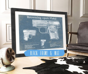 20" x 16" / Black Frame & Mat Cutler West Browning 1906 Pistol Blueprint Vintage Gun Print