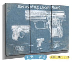 36" x 24" / 3 Panel Canvas Wrap Cutler West Browning 1906 Pistol Blueprint Vintage Gun Print