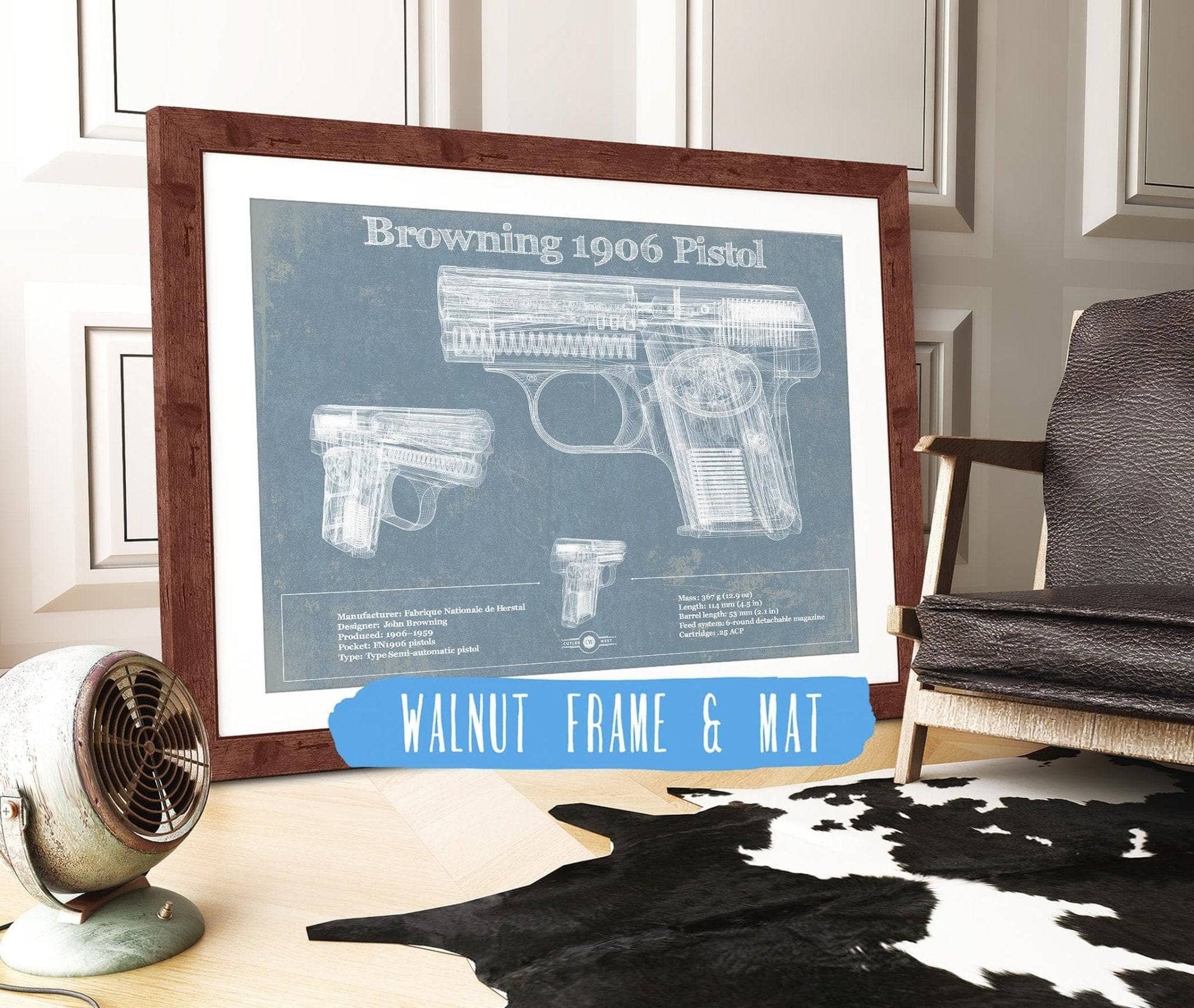 Cutler West Military Weapons Collection 14" x 11" / Walnut Frame & Mat Browning 1906 Pistol Blueprint Vintage Gun Print 878221046_46431