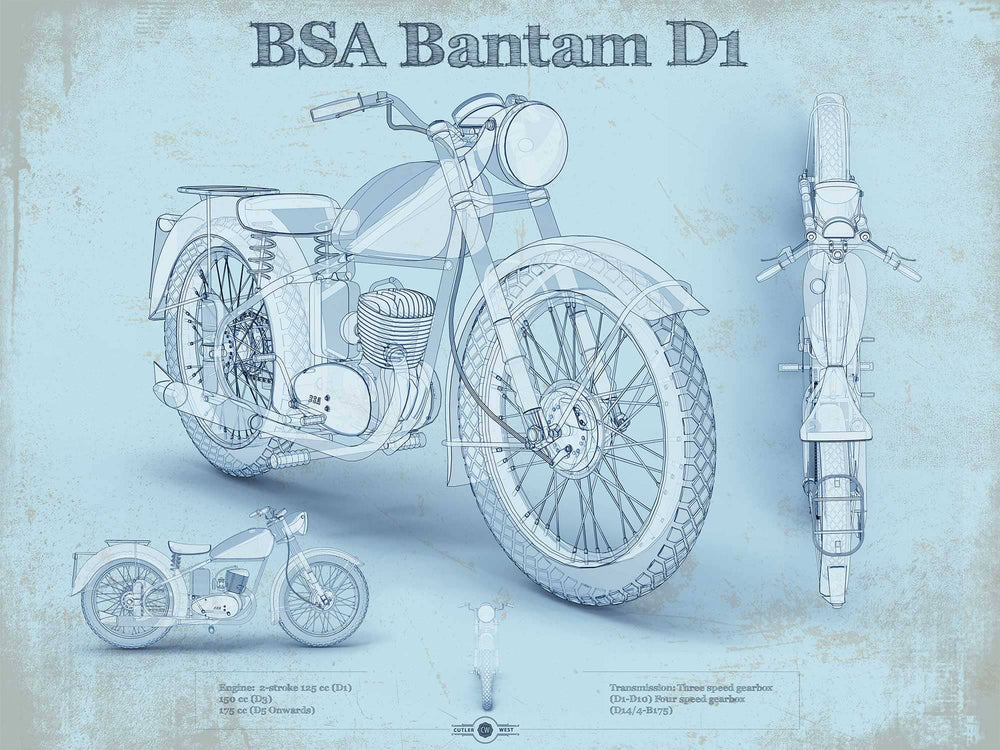 14" x 11" / Stretched Canvas Wrap Cutler West BSA Bantam D1 Blueprint Motorcycle Patent Print