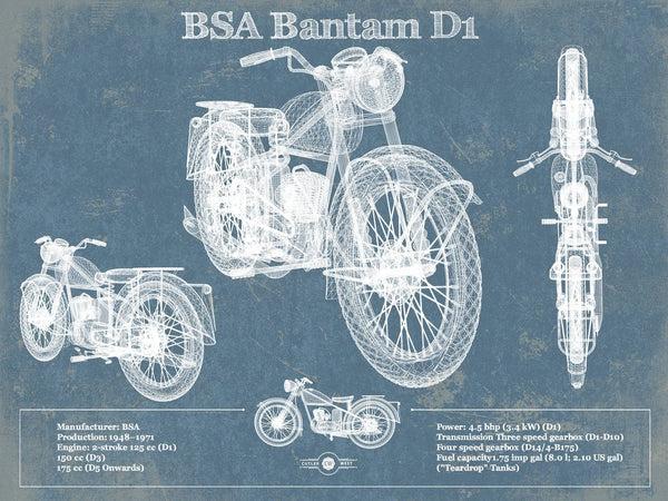 14" x 11" / Unframed Cutler West BSA Bantam D1 Blueprint Motorcycle Patent Print