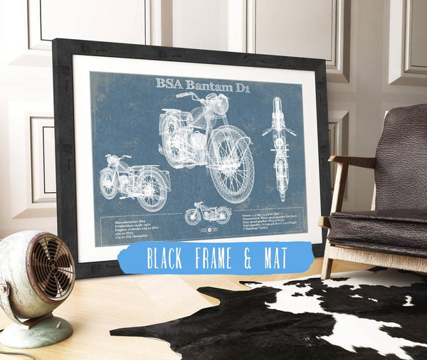 20" x 16" / Black Frame & Mat Cutler West BSA Bantam D1 Blueprint Motorcycle Patent Print
