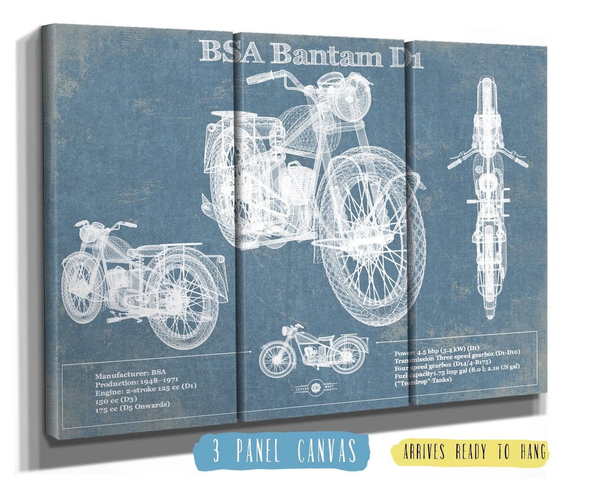 Cutler West 48" x 32" / 3 Panel Canvas Wrap BSA Bantam D1 Blueprint Motorcycle Patent Print 833110063_46345