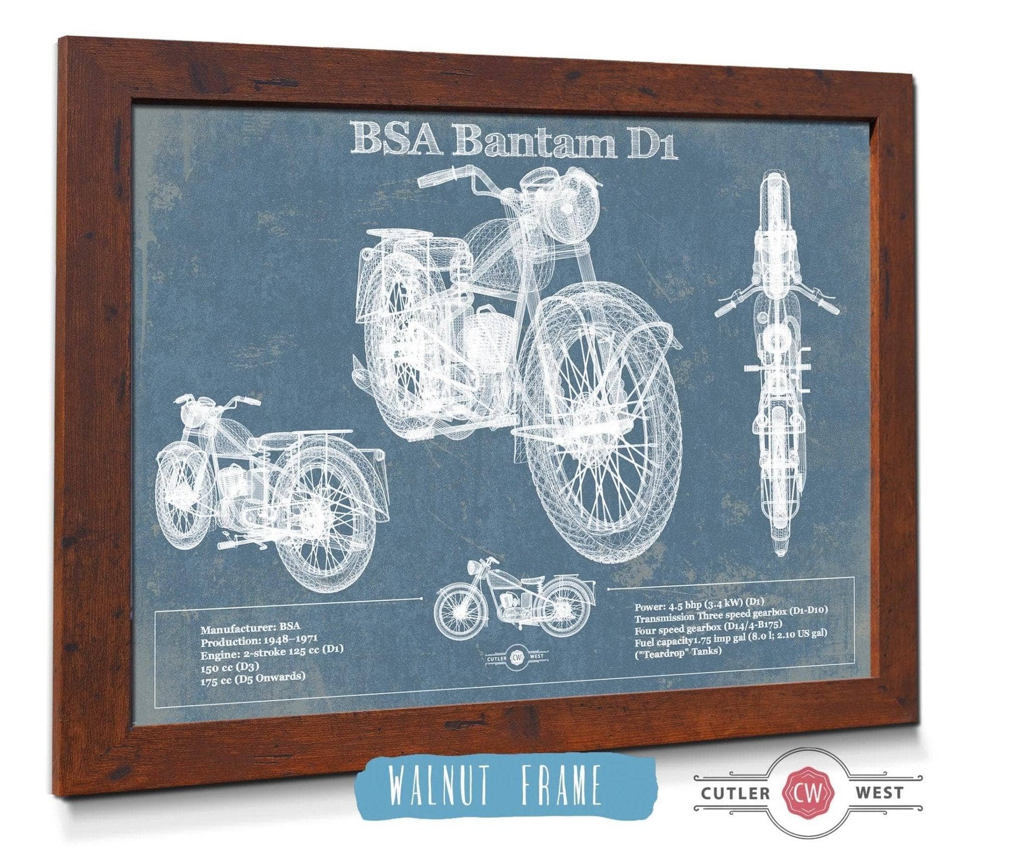 Cutler West 14" x 11" / Walnut Frame BSA Bantam D1 Blueprint Motorcycle Patent Print 833110063_46298