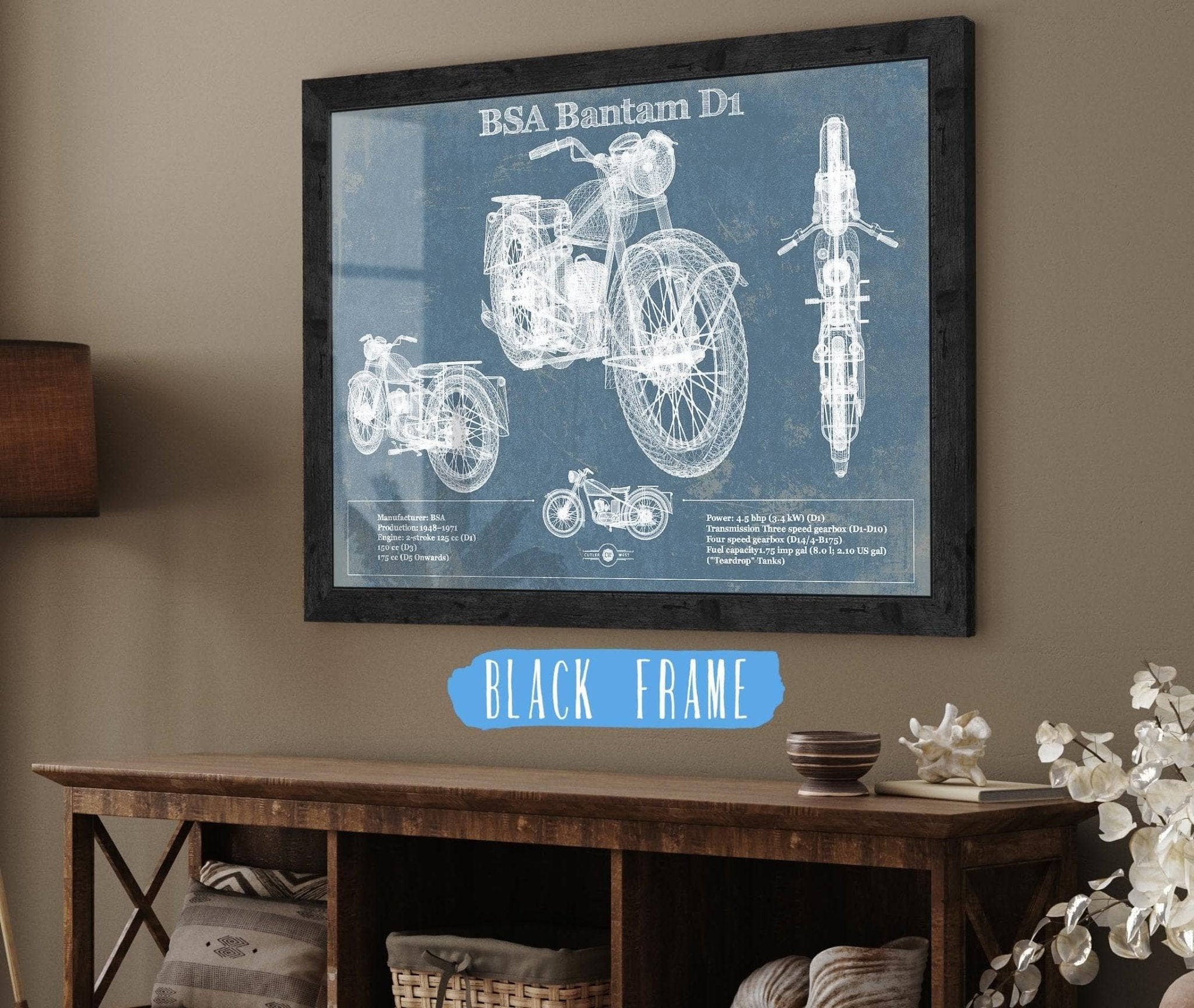 Cutler West 14" x 11" / Black Frame BSA Bantam D1 Blueprint Motorcycle Patent Print 833110063_46296