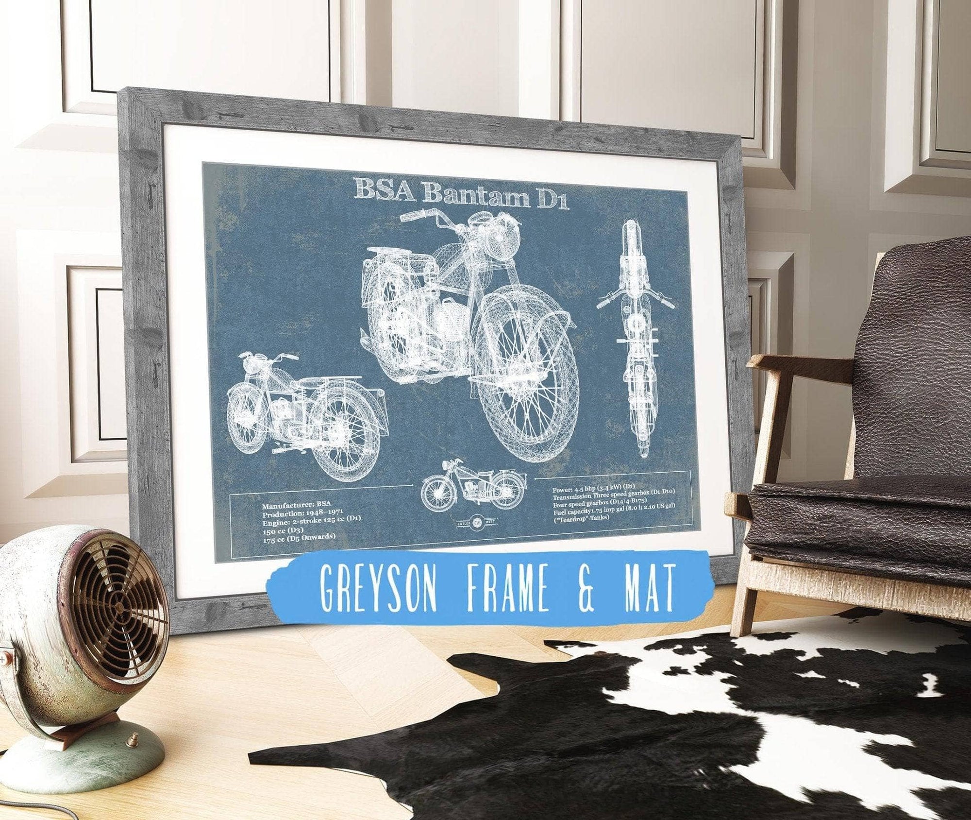 Cutler West 14" x 11" / Greyson Frame & Mat BSA Bantam D1 Blueprint Motorcycle Patent Print 833110063_46303