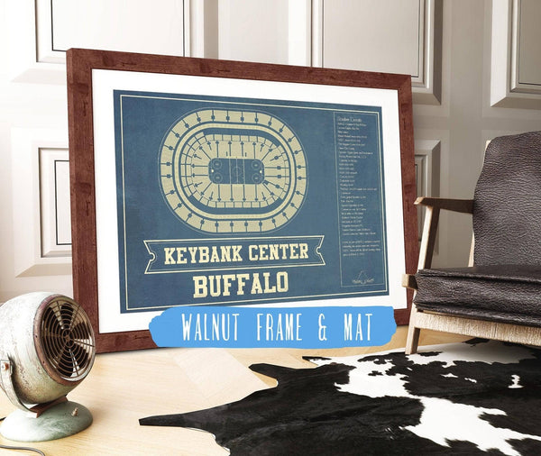 20" x 16" / Walnut Frame & Mat Cutler West Buffalo Sabres - KeyBank Center Vintage Hockey Blueprint NHL Print