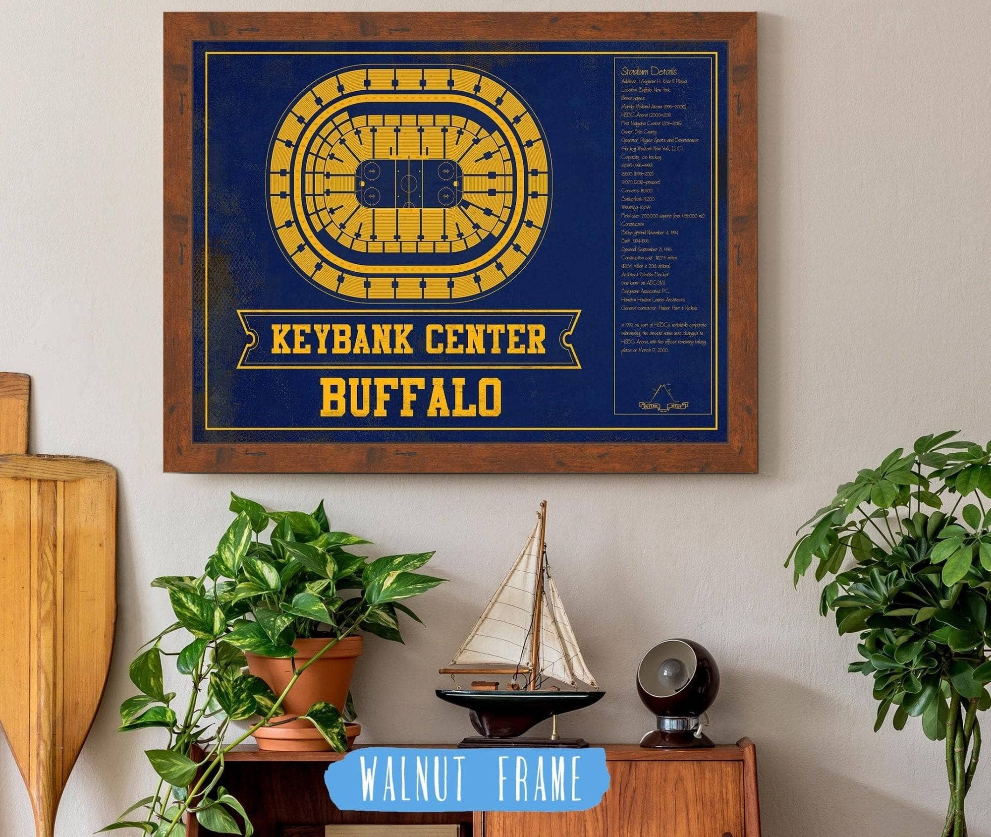 Cutler West 14" x 11" / Walnut Frame Buffalo Sabres Team Colors - KeyBank Center Vintage Hockey Blueprint NHL Print 933350186_78678