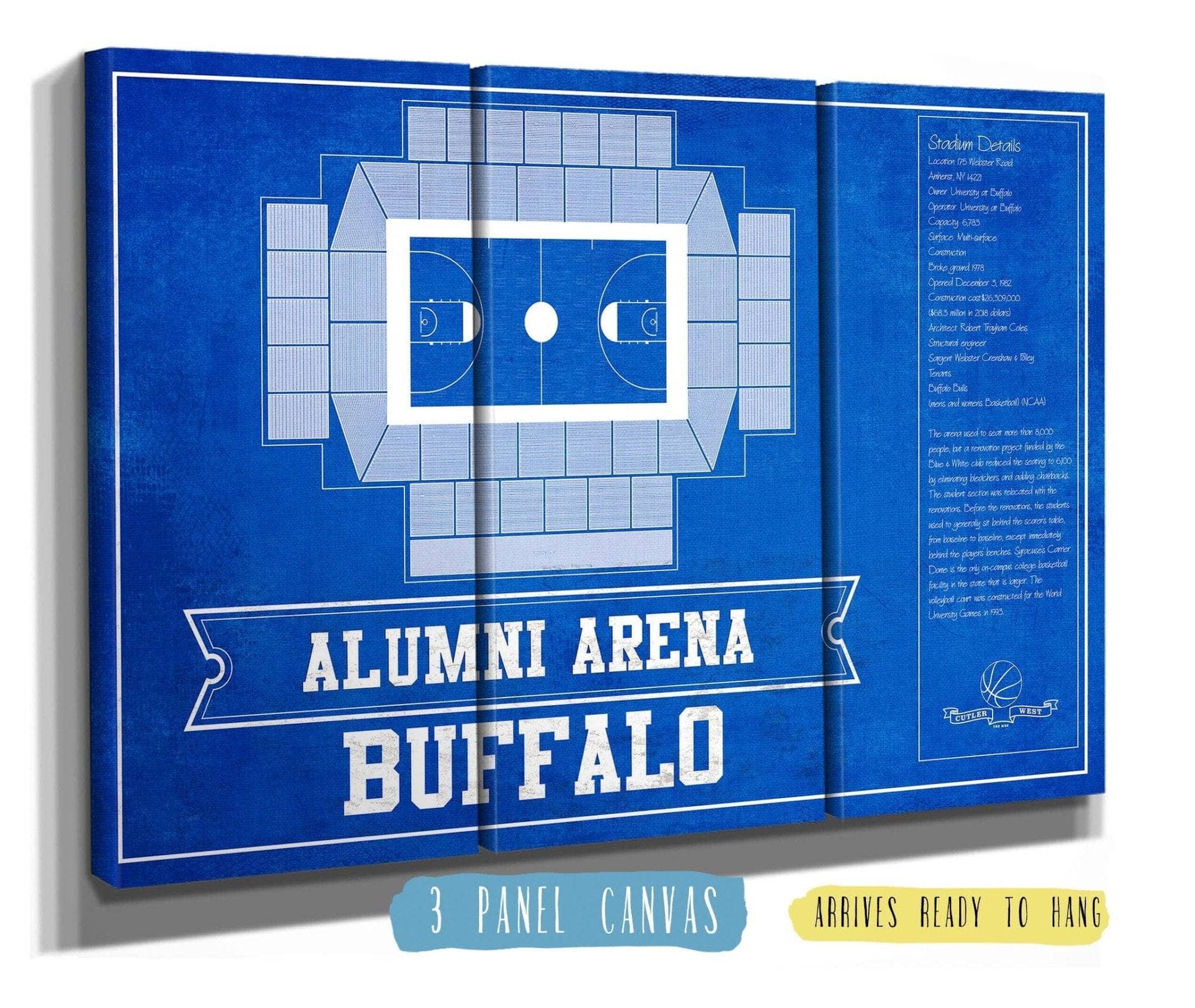 Cutler West Basketball Collection 48" x 32" / 3 Panel Canvas Wrap Alumni Arena Buffalo Bulls Team Colors NCAA Vintage Basketball Print 933350226_82420