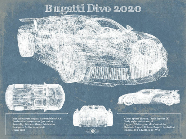 14" x 11" / Unframed Cutler West Bugatti Divo 2020 Vintage Sports Car Print