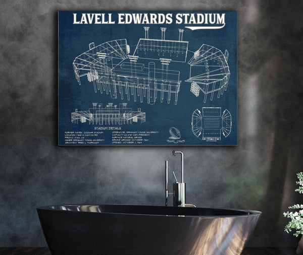 Cutler West BYU Cougars Stadium Art - Lavell Edwards Vintage Stadium & Blueprint Art Print